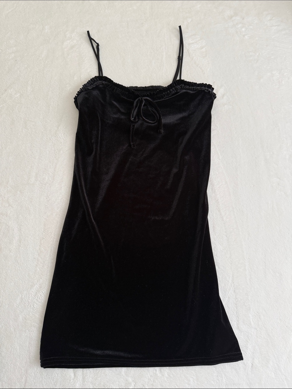 Urban Outfitters Black Stretch Velvet Dress with Ruffled Trim